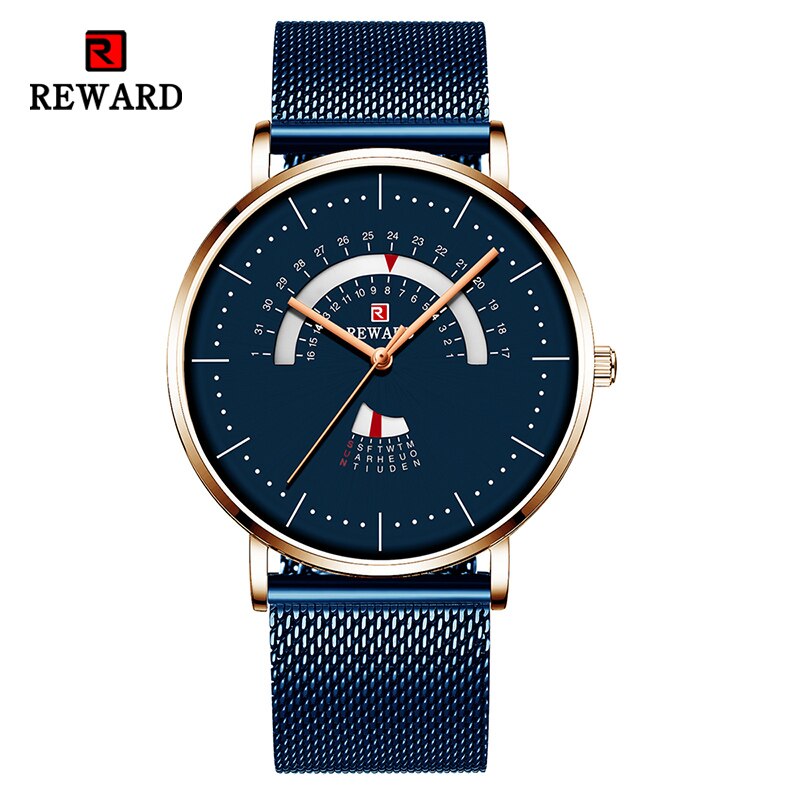 REWARD Top Brand Luxury Men Watch Mesh Belt Waterproof Personality Men's Watch Calendar Week Clock Fashion Watch