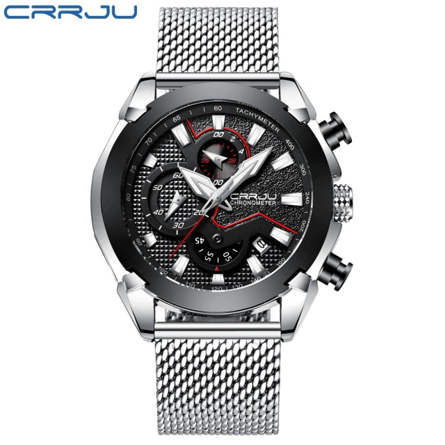 CRRJU New Fashion watches Luxury Calander Business Watch Mens Chronograph Sport Leather Watches Men's Luminous Quartz watch