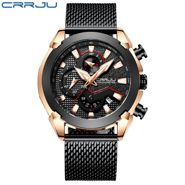 CRRJU New Fashion watches Luxury Calander Business Watch Mens Chronograph Sport Leather Watches Men's Luminous Quartz watch