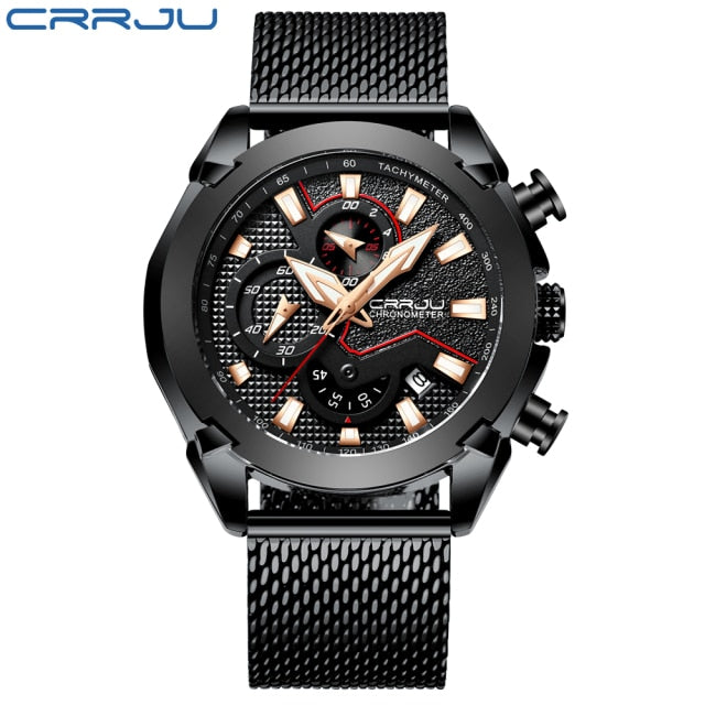 CRRJU New Fashion watches Luxury Calander Business Watch Mens Chronograph Sport Leather Watches Men's Luminous Quartz watch