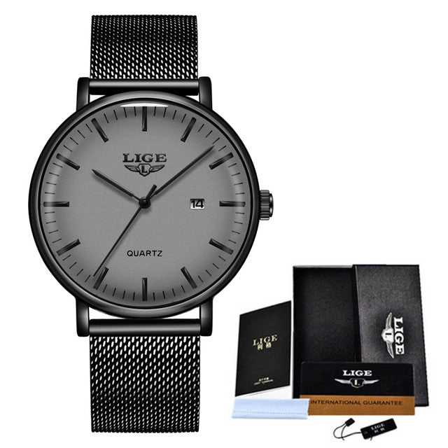 Relogio Masculino 2021 LIGE Fashion Casual Mens Watches top Luxury Ultra Thin Waterproof Stainless Steel Mesh Band Quartz Watch