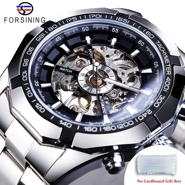 Forsining 2021 Stainless Steel Waterproof Mens Skeleton Watches Top Brand Luxury Transparent Mechanical Sport Male Wrist Watches