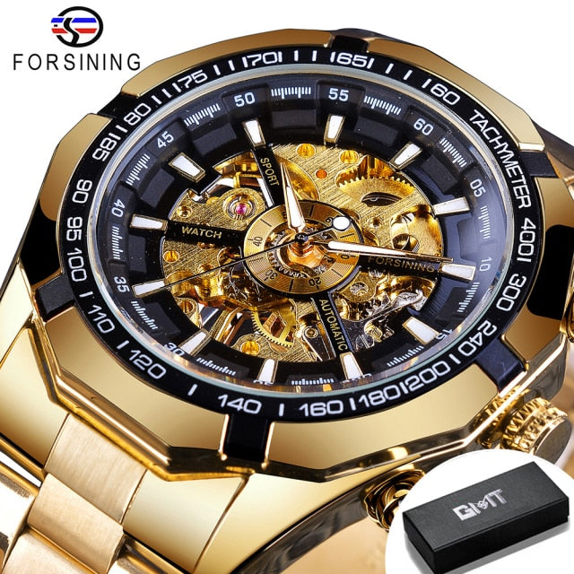 Forsining 2021 Stainless Steel Waterproof Mens Skeleton Watches Top Brand Luxury Transparent Mechanical Sport Male Wrist Watches