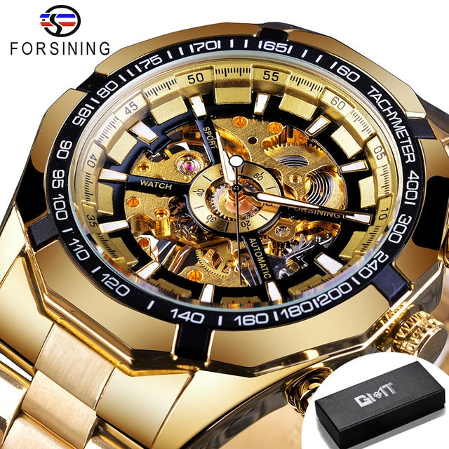 Forsining 2021 Stainless Steel Waterproof Mens Skeleton Watches Top Brand Luxury Transparent Mechanical Sport Male Wrist Watches