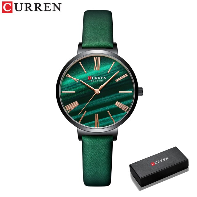 CURREN Fashion Luxury Watches for Women Malachite Green Quartz Dress Bracelet Wristwatch with Leather Female Clock