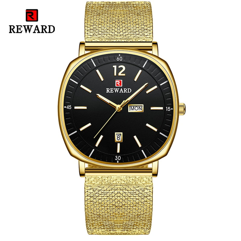 New Reward Men Gold Wristwatches Luxury Business Quartz Watch Top Brand Date Week Display Stainless Steel Wrist Watch for Male