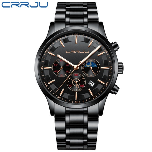 CRRJU Mens Watches Top Brand Luxury Fashion Business Quartz Watch Men Sport Full Steel Waterproof Black Clock Relogio Masculino