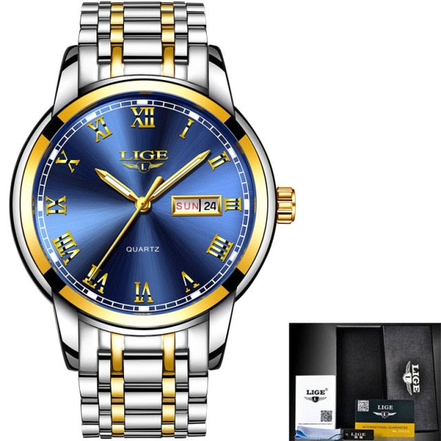 LIGE Luxury Brand Men Stainless Steel Gold Watch Men's Quartz Clock Man Sports Waterproof Wrist Watches relogio masculino+Box