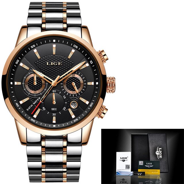 LIGE Mens Watches Top Brand Luxury Leather Casual Quartz Watch Men Military Sport Waterproof Clock Gold Watch Relogio Masculino