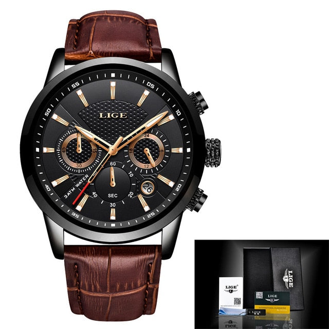 LIGE Mens Watches Top Brand Luxury Leather Casual Quartz Watch Men Military Sport Waterproof Clock Gold Watch Relogio Masculino