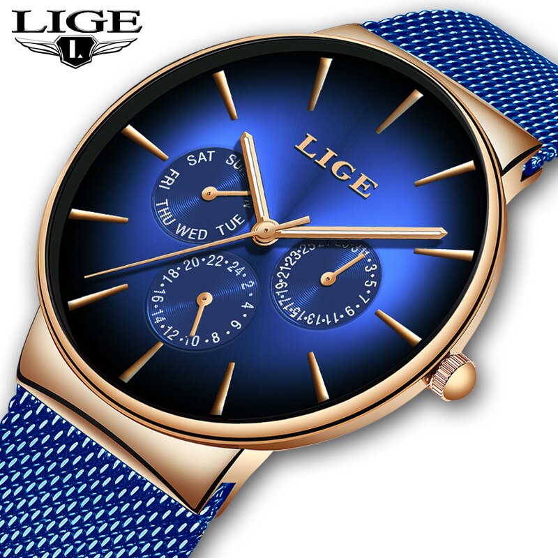 LIGE Mens Watches Male Top Luxury Brand Ultra-thin Sport Mesh Steel Quartz Watch Men Casual Waterproof Blue Clock Reloj Hombre